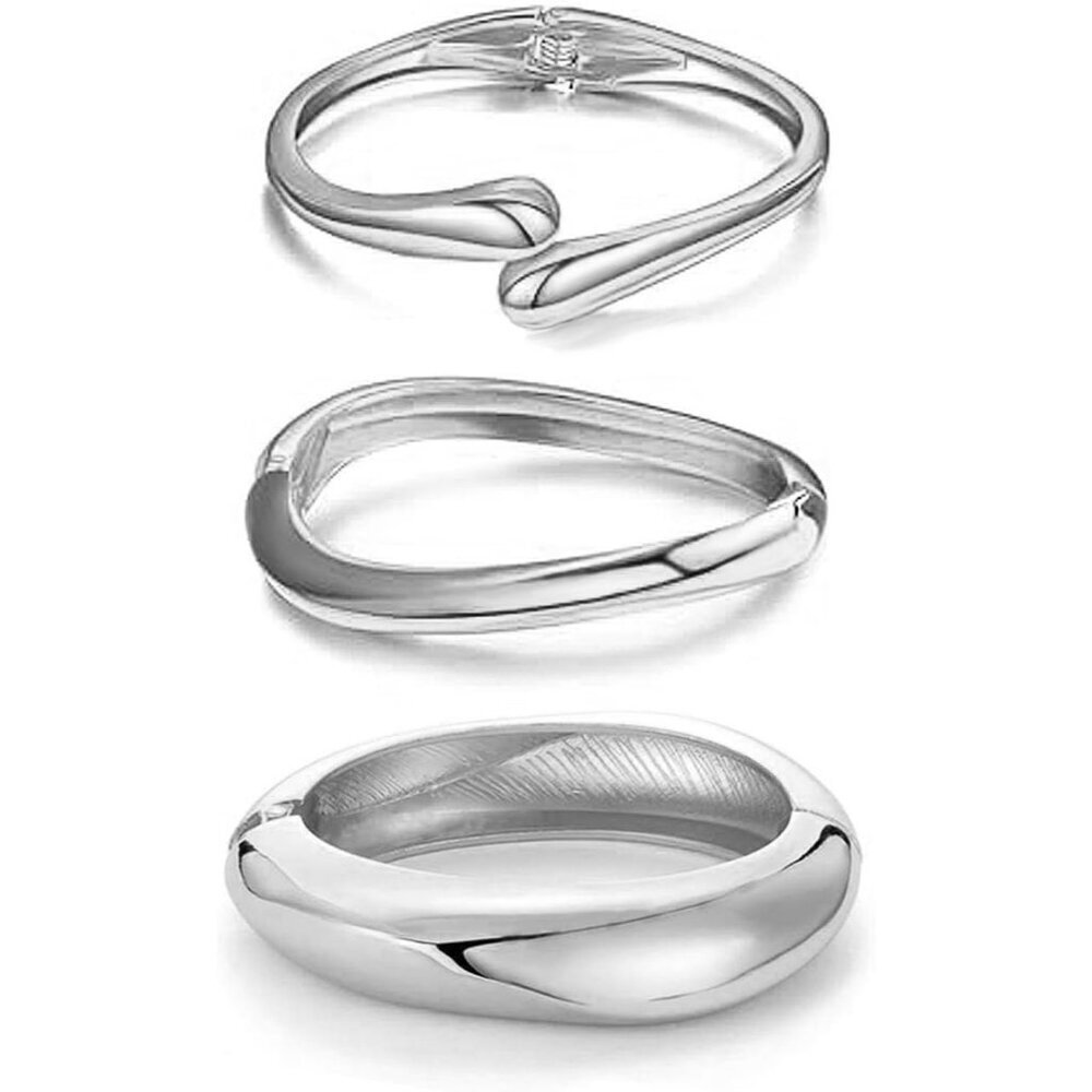 Silver 3 Sets Bangle Bracelets for Women and Teens Adjustable Chunky Twist Cuff